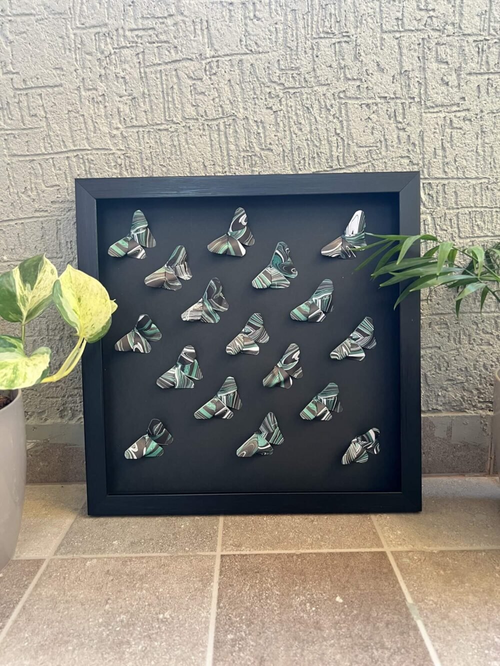 Dark Green Marbled Patterns 3D Origami Butterfly Wall Art