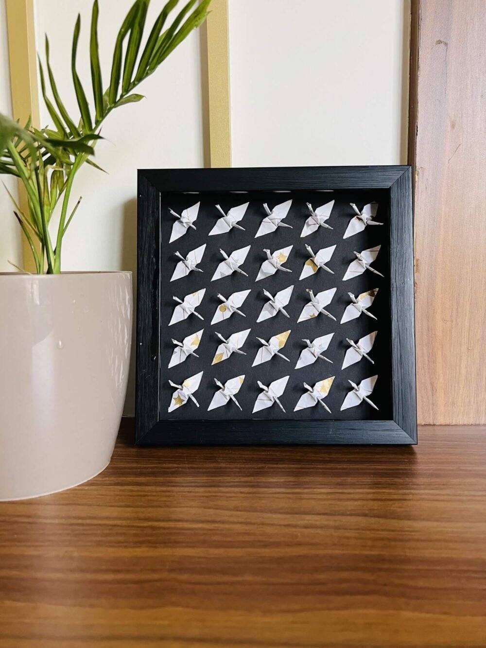 Elegant Handmade 3D Origami Crane Wall Art in White and Gold Pattern