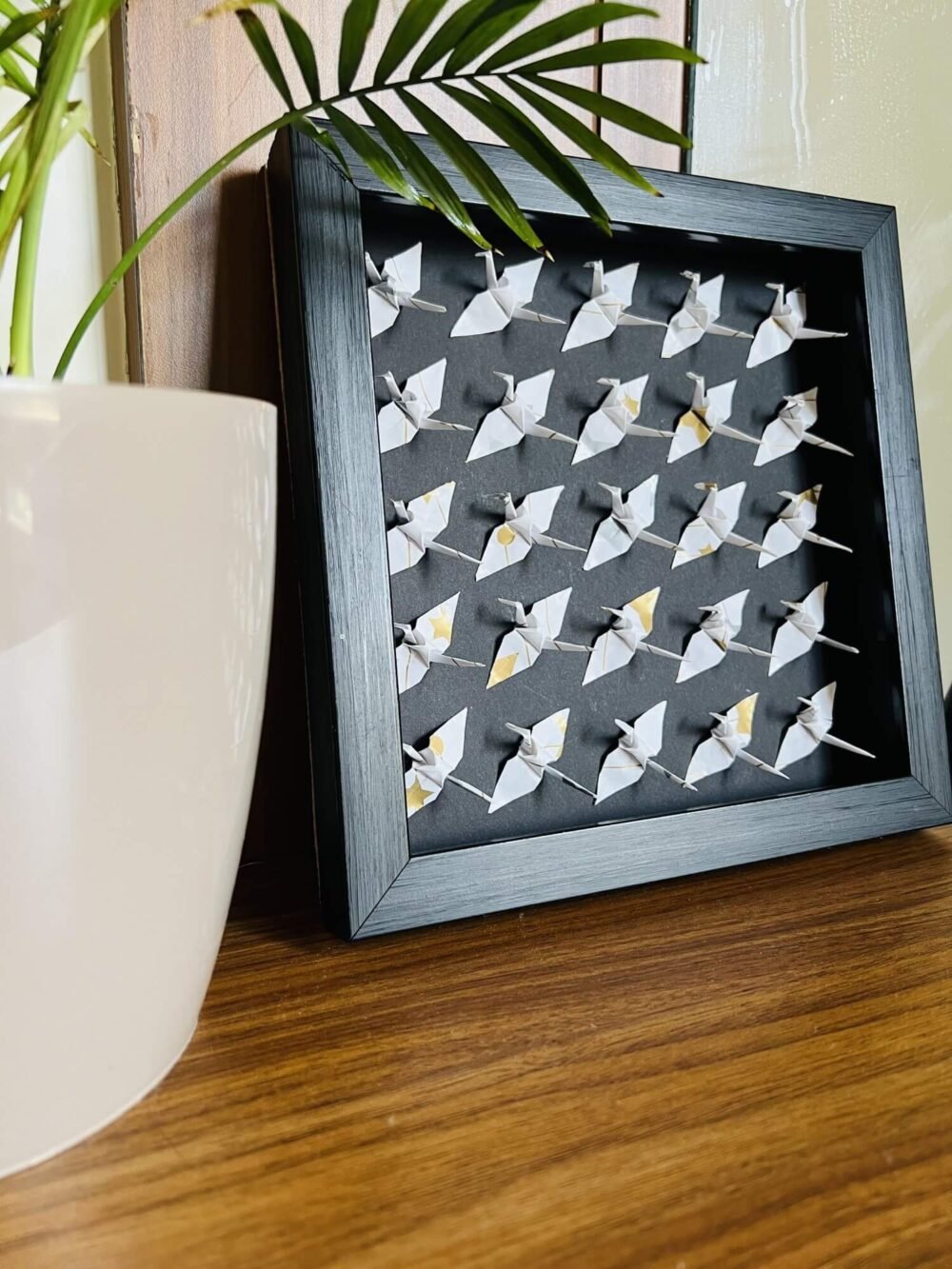 Elegant Handmade 3D Origami Crane Wall Art in White and Gold Pattern